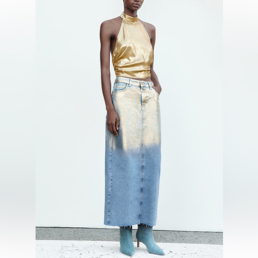 ZARA Z1975 GOLD METALLIC DENIM SKIRT